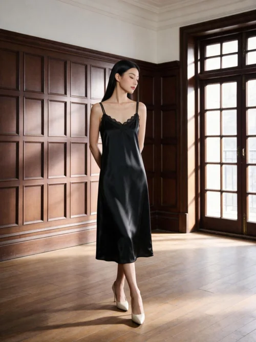 同一张图AI换装后——女模特穿上黑色缎面吊带裙，姿势场景不变
