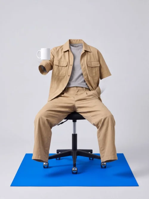 同款西装生成的3D镂空图——空心人形瘫坐办公转椅,手递马克杯
