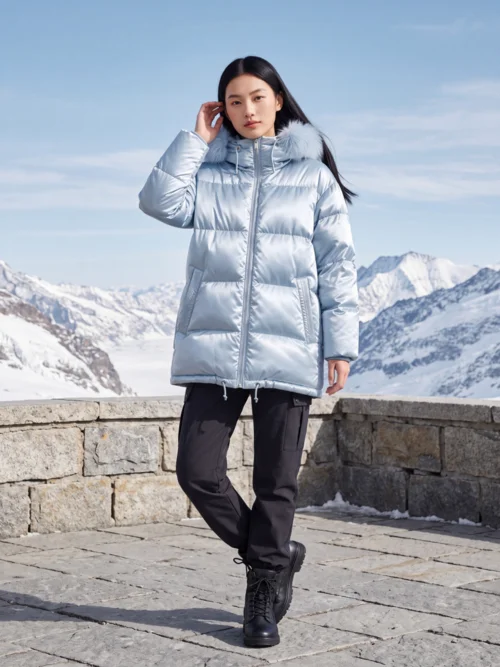 同款羽绒服AI试衣效果图——女模特雪地平原冷调大片